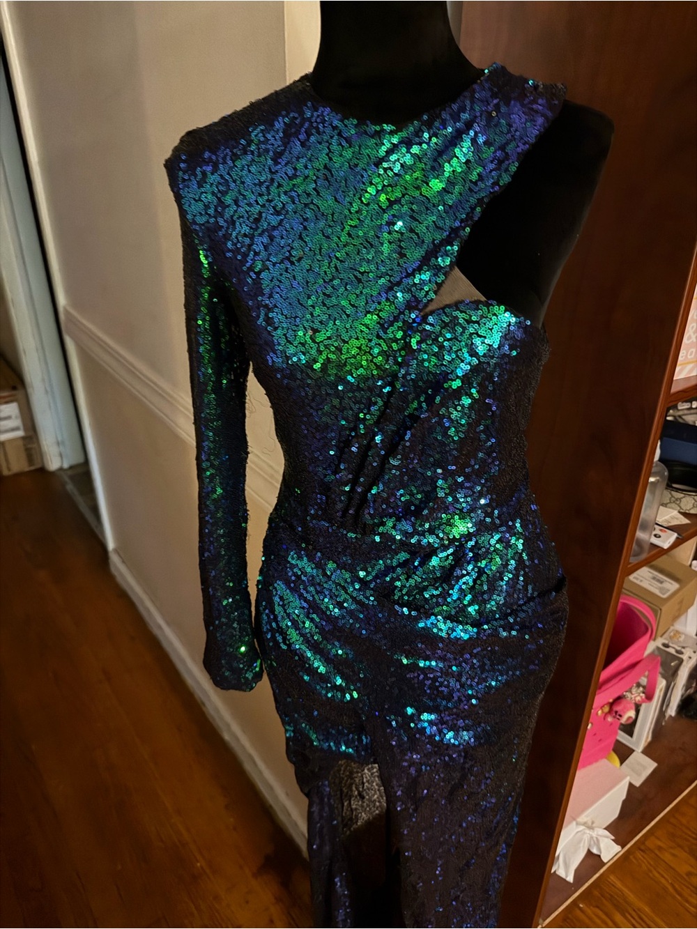 SHEIN Iridescent Blue-Green Sequin One-Shoulder Dress